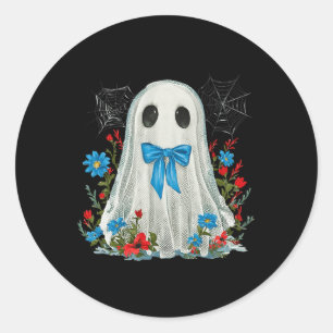 Ghost With Blue Bow Coquette And Flowers Halloween Classic Round Sticker