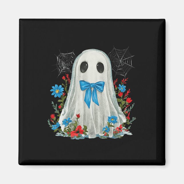 Ghost With Blue Bow Coquette And Flowers Halloween Magnet (Front)