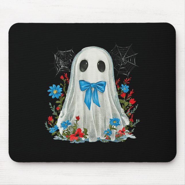 Ghost With Blue Bow Coquette And Flowers Halloween Mouse Pad (Front)
