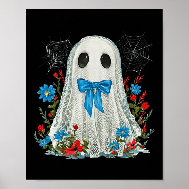Ghost With Blue Bow Coquette And Flowers Halloween Poster (Front)