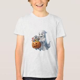 Ghost with Candy Bucket Cute Halloween Design Tri-Blend Shirt