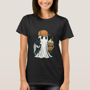 Ghost with Cat and Pumpkin Coffee Halloween T-Shirt