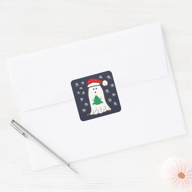 Ghost with Christmas Tree Square Sticker (Envelope)