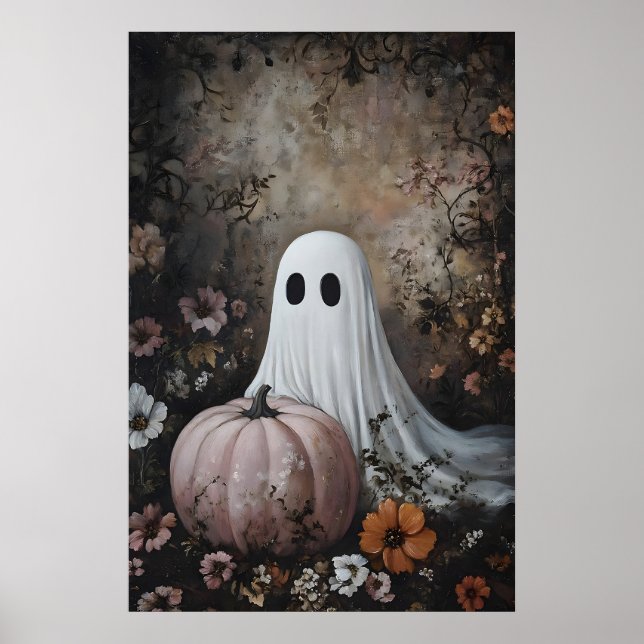 Ghost with pink pumpkin in fall flower, dark poster (Front)
