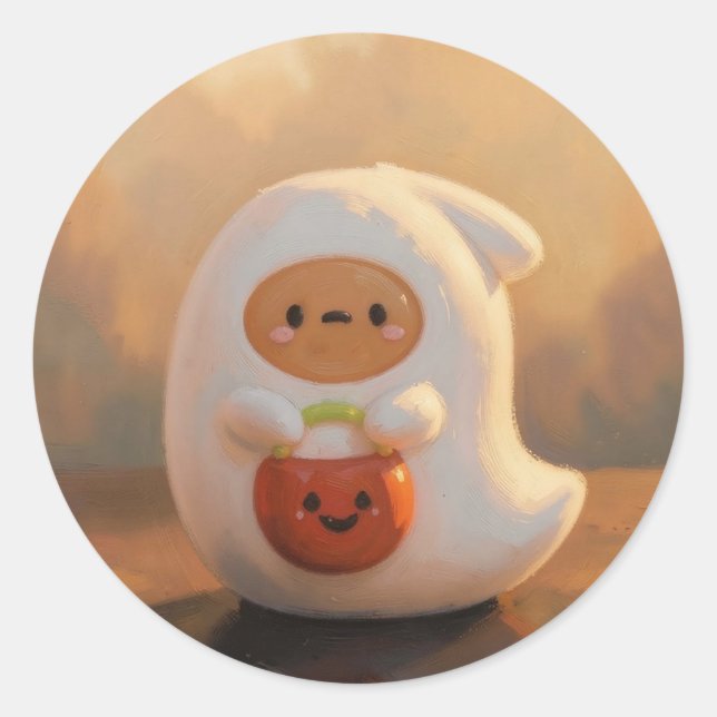 Ghost with pumpkin pail halloween classic round sticker (Front)