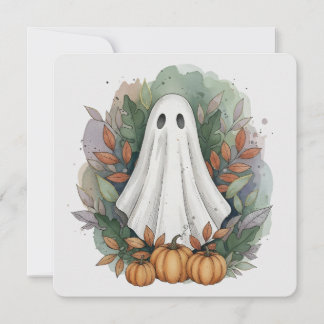Ghost with Pumpkins and Autumn Leaves Flat Card