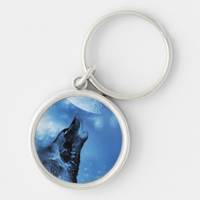 Ghost wolf howling at the moon key ring (Front)