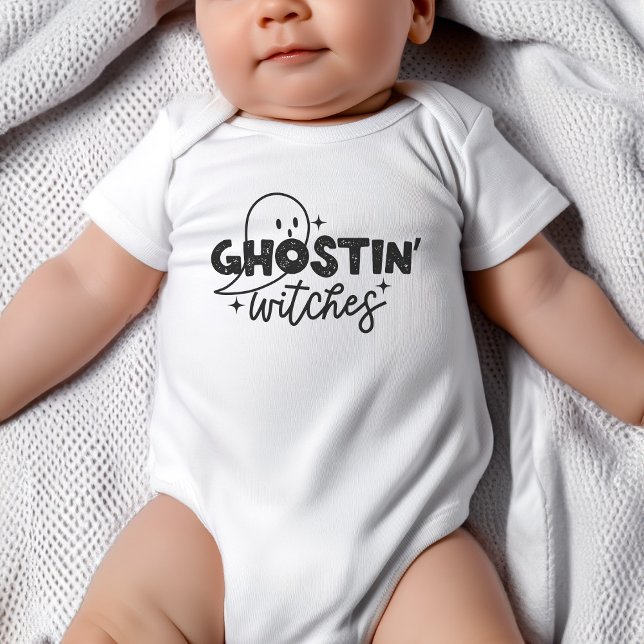 Ghosting Witches Halloween Baby Shirt Bodysuit  (Baby wearing white bodysuit that says "Ghostin' Witches". Design has ghost and stars.)