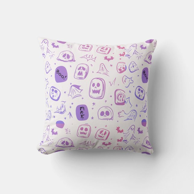 Ghostly Bats & Eerie Faces Halloween Decor Cushion (Front)
