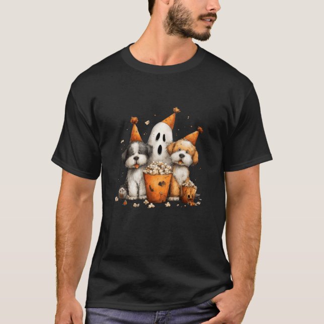 Ghostly Canine Popcorn Party T-Shirt (Front)