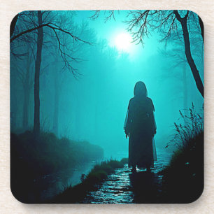 Ghostly Figure in Haunted Woods Design Coaster