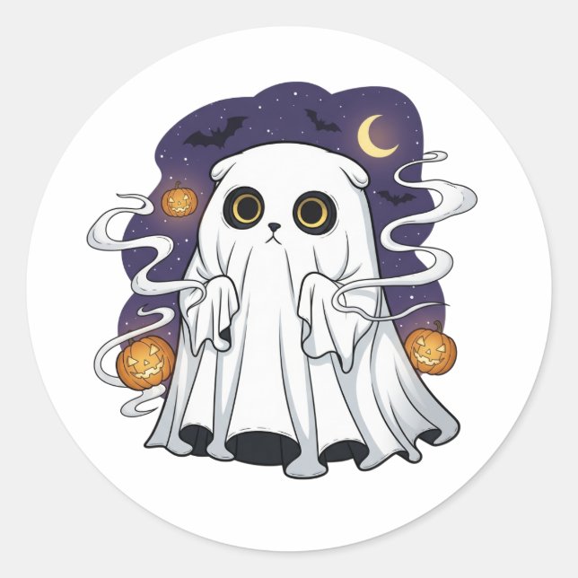 Ghostly Fold – Scottish Fold Ghost Cat Halloween Classic Round Sticker (Front)