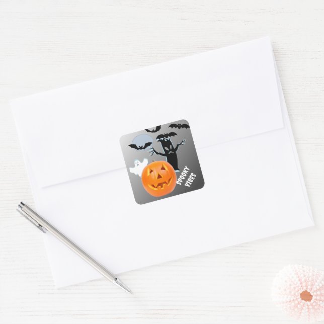 Ghostly Glow "Spooky Vibes" Halloween Square Sticker (Envelope)