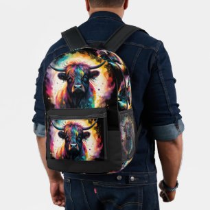 Ghostly Grace: Spectral Holographic Highland Cow, Printed Backpack