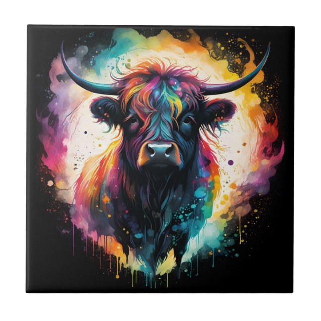 Ghostly Grace: Spectral Holographic Highland Cow, Tile (Front)
