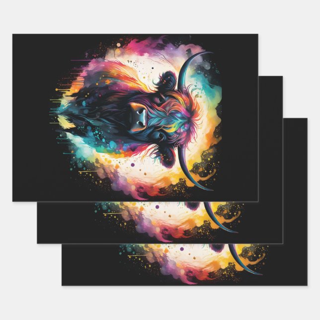 Ghostly Grace: Spectral Holographic Highland Cow, Wrapping Paper Sheet (Set)