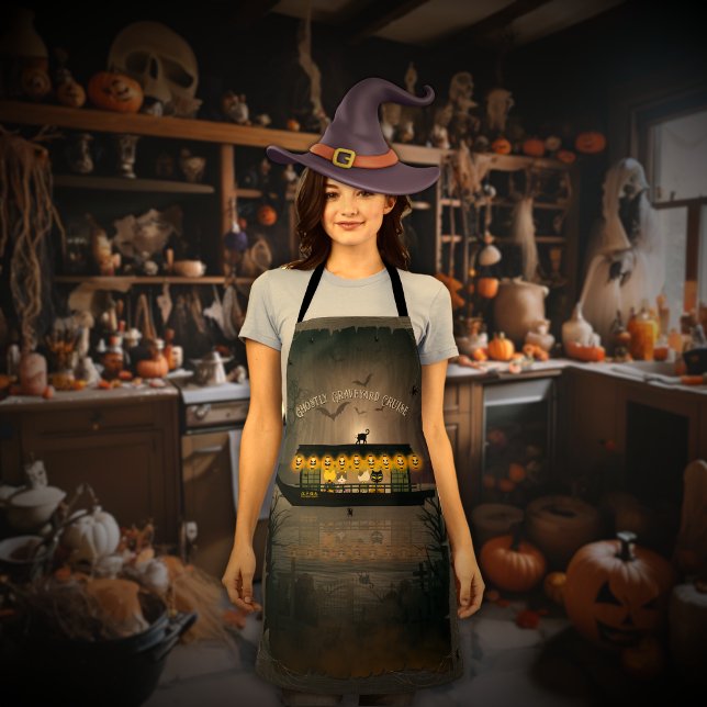 Ghostly Graveyard Cruise Apron (A woman wears a Ghost Graveyard Cruise apron in her kitchen.)