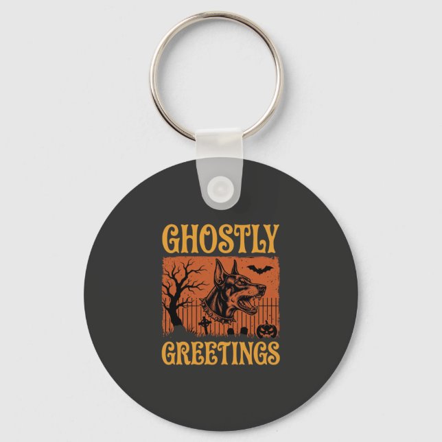 Ghostly Greetings Halloween Doberman Cemetery Desi Key Ring (Front)