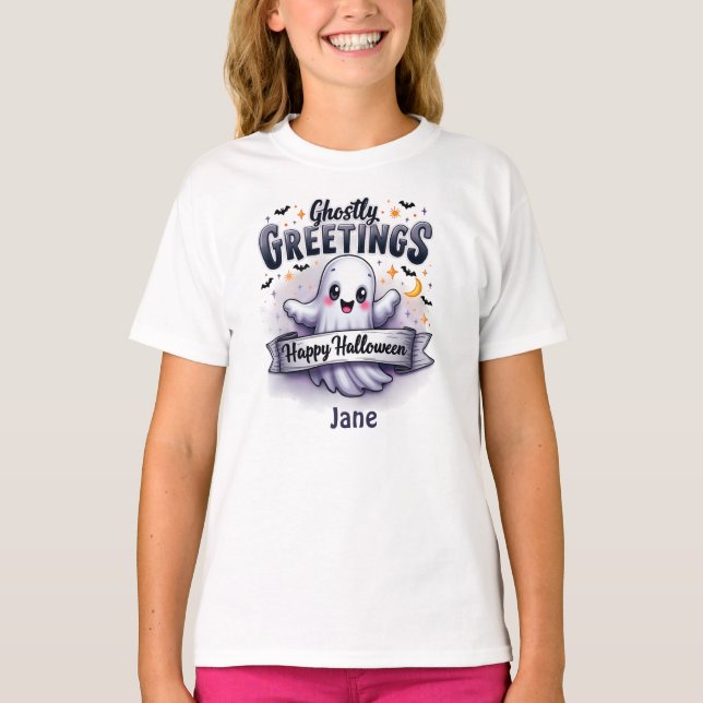 Ghostly Greetings Happy Halloween Ghost T-Shirt (Front)