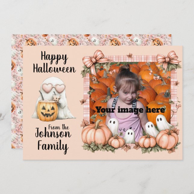 Ghostly Greetings in Pink Plaid Holiday Card (Front/Back)
