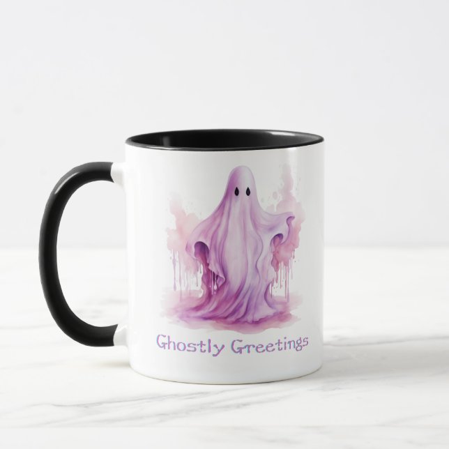 Ghostly Greetings Pink Ghost Halloween Mug (Left)