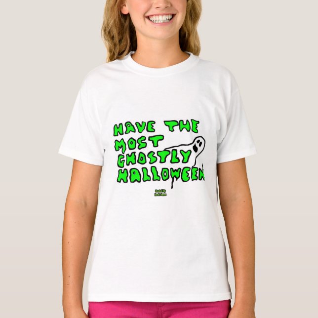 Ghostly Halloween Girls White Basic T Shirt (Front)