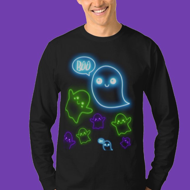 Ghostly Halloween Neon Blue, Green Boo T-Shirt (Creator Uploaded)