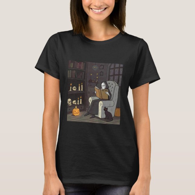 Ghostly Reader with Cat and Pumpkin Scene T-Shirt (Front)