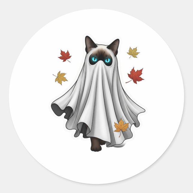 Ghostly Siamese – Cute Halloween Siamese Cat Classic Round Sticker (Front)