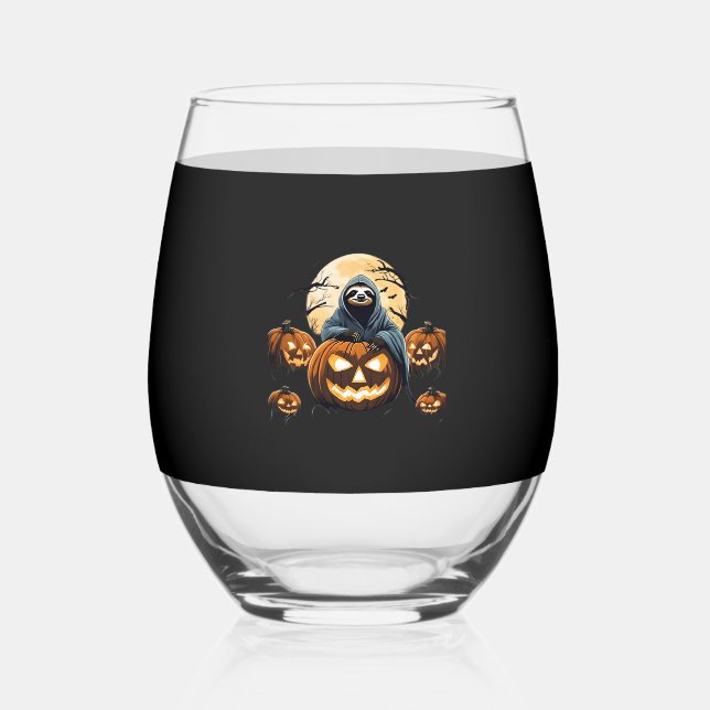 Ghostly Sloth's Midnight Haunt Classic T-Shirt Stemless Wine Glass (Front)