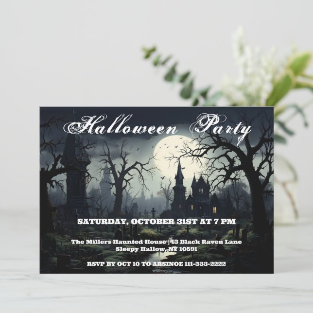 Ghostly Witches Manor Halloween Party Invitation (Standing Front)