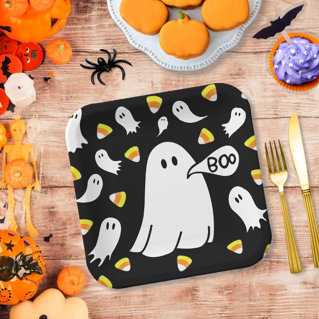 Ghosts and Candy Corn Paper Plate (Cute and whimsical, these paper plates are perfect for Halloween parties and fall gatherings!)