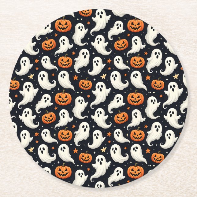 Ghosts and Jack o'Lanterns Round Paper Coaster (Front)