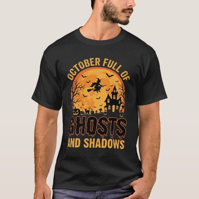 Ghosts and Shadows Halloween Moon Design T-Shirt (Front)