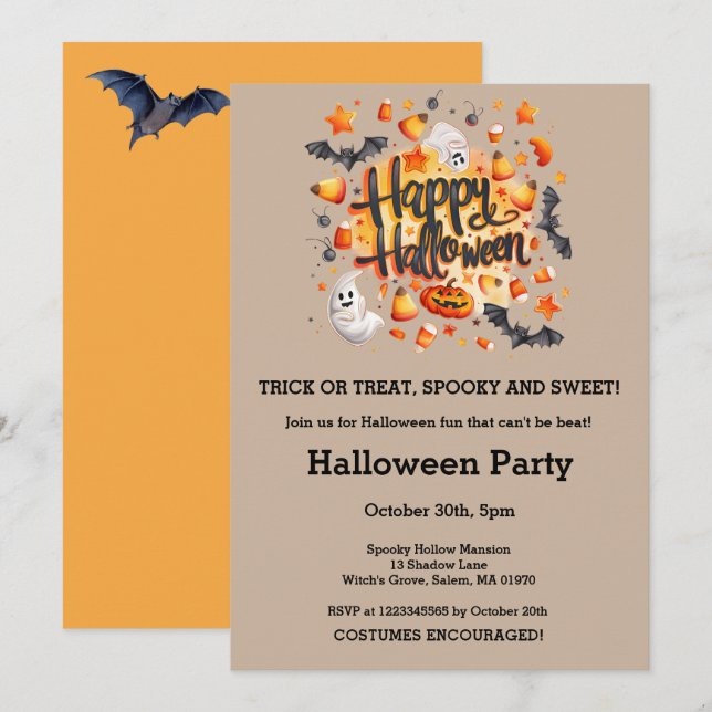 Ghosts Bats Candy Corn Halloween Pumpkin Party  Invitation (Front/Back)