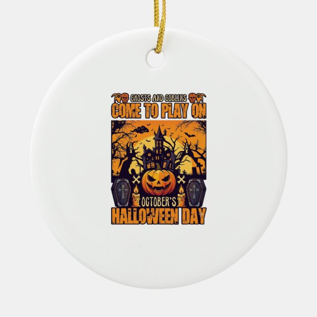 Ghosts Goblins Halloween Come Play October Haunted Ceramic Tree Decoration (Front)