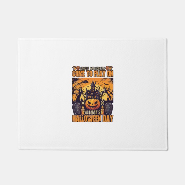 Ghosts Goblins Halloween Come Play October Haunted Doormat (Front)