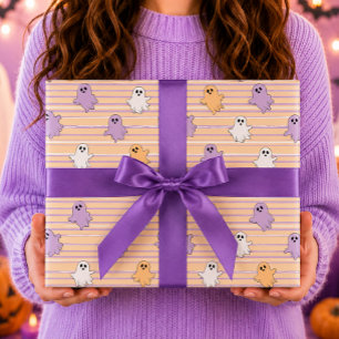 Ghosts Orange Purple Stripe Halloween Wrapping Paper