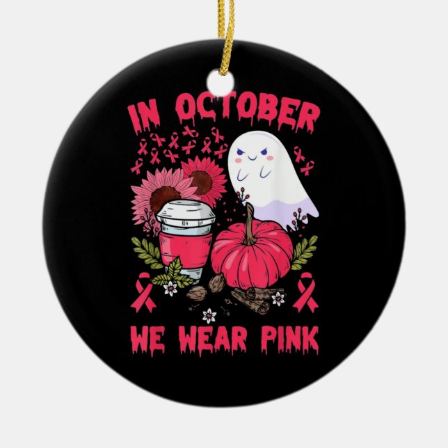 Ghosts Pumpkins For Breast Cancer Ceramic Tree Decoration (Front)