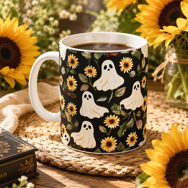 Ghosts & Sunflowers Spooky Floral Goth Coffee Mug (Creator Uploaded)