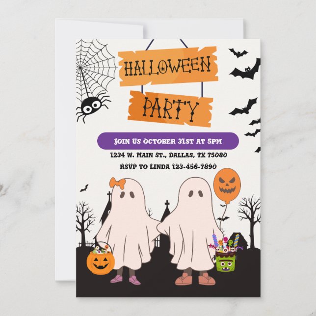 Ghosts Trick or Treating Halloween Personalised Invitation (Front)