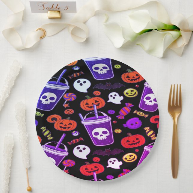 Ghosts With Candies Fun Scattered Halloween Sweets Paper Plate (Wedding)