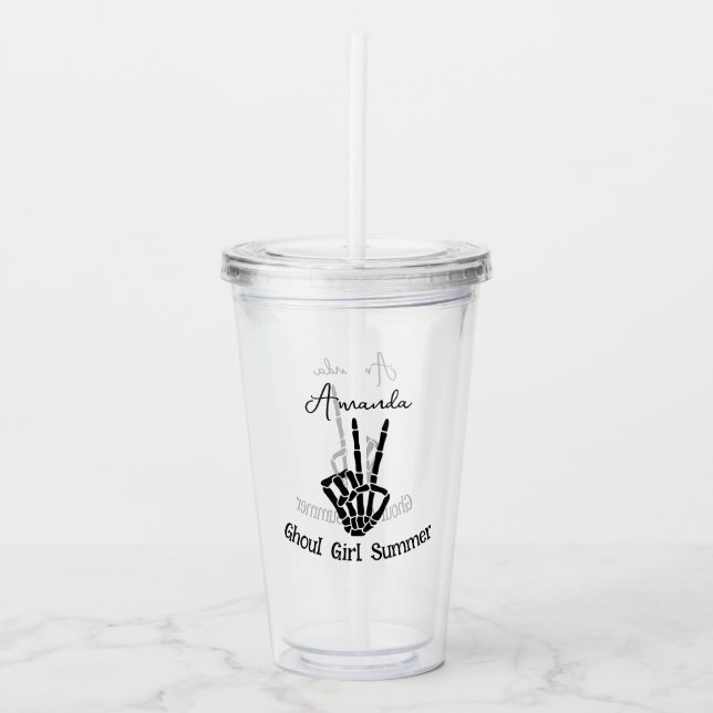 Ghoul Girl Summer Skeleton Peace Sign Personalised Acrylic Tumbler (Front)