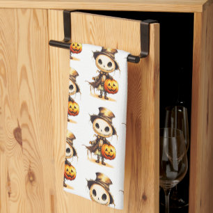 Ghoul Top Hat Jack-o' Lantern White Halloween Tea Towel