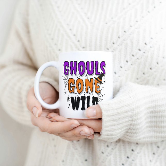 Ghouls Gone Wild Modern Halloween Mug (Woman in a white sweater holds a mug with the Ghouls Gone Wild mug.)