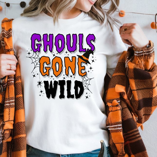 Ghouls Gone Wild Modern Halloween Sweatshirt (Women in a white sweater with Girls Gone Wild topography an orange plaid top for Halloween.)
