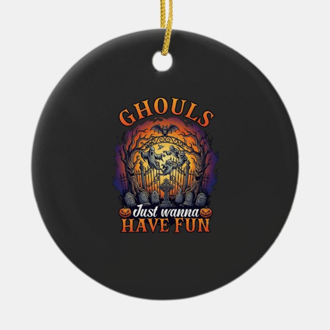 Ghouls Just Wanna Have Fun Ghosts Cemetery Pumpkin Ceramic Tree Decoration (Front)