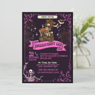 Ghouls Night Out Pink Skeleton Halloween Party Invitation