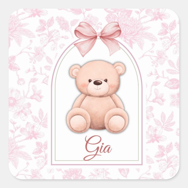 Gia | Custom Pink Teddy Bear Nursery Design  Square Sticker (Front)