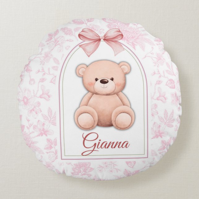 Gianna | Custom Pink Teddy Bear Nursery Design  Round Cushion (Front)